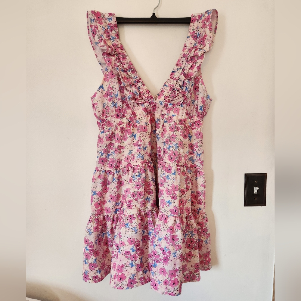 Pink And Blue Floral Sleeveless Mini Dress Size L